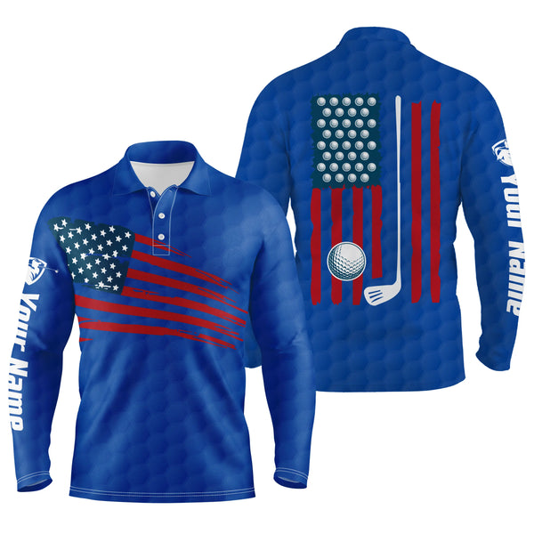 Mens golf polo shirt American flag patriotic golf shirts custom name golf gifts for men | Blue NQS4789