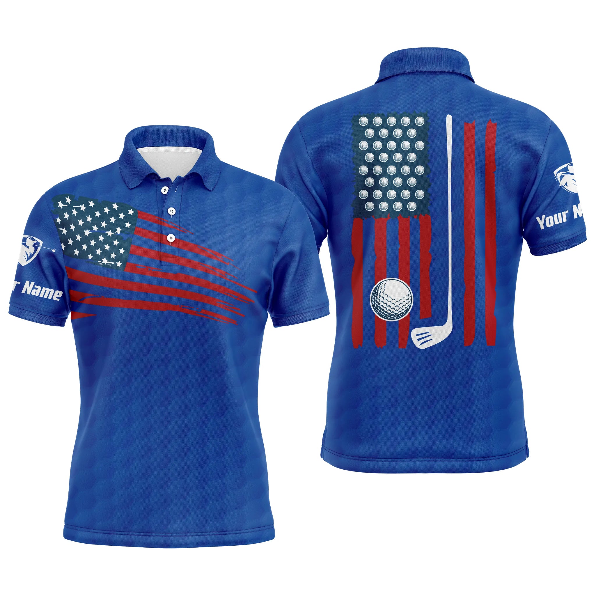 Mens golf polo shirt American flag patriotic golf shirts custom name golf gifts for men | Blue NQS4789