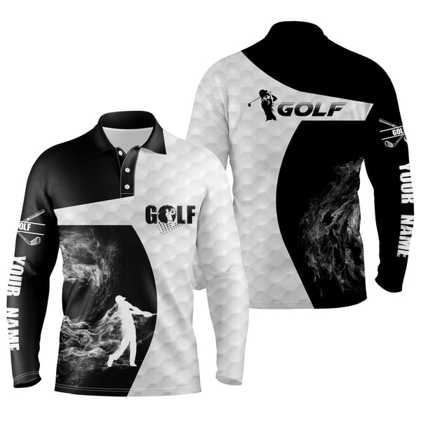 Black and white long sleeve golf polo shirts for mens custom name golf upf shirts, golfer gifts NQS3668