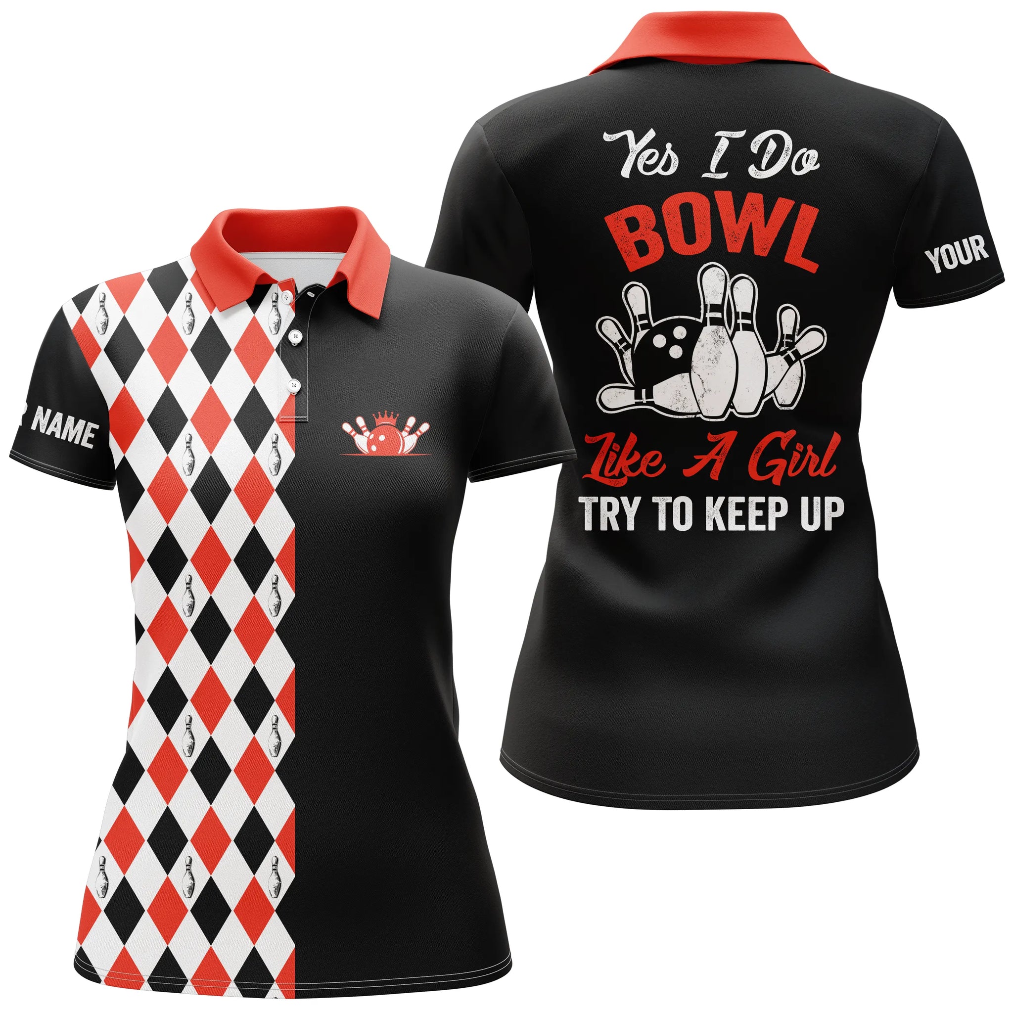 Personalized black red bowling shirts for women Custom name yes I do bowl like a girl, try to keep up NQS4791