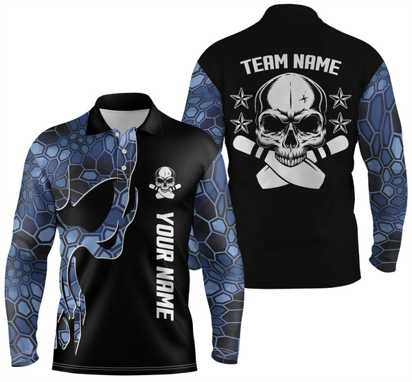 Blue camo black Bowling polo shirts for men custom team name Skull Bowling, team bowling shirts NQS5059