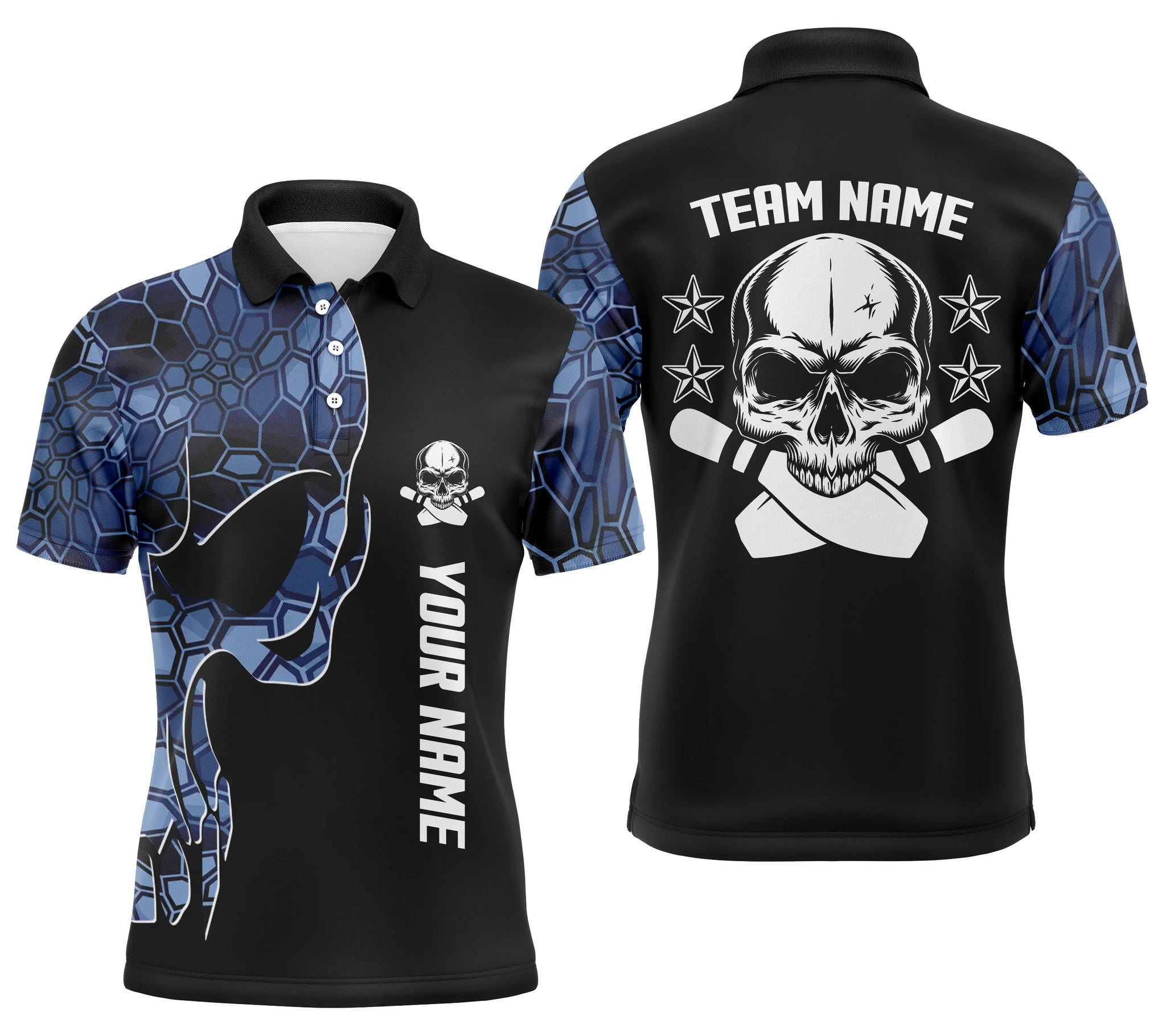 Blue camo black Bowling polo shirts for men custom team name Skull Bowling, team bowling shirts NQS5059