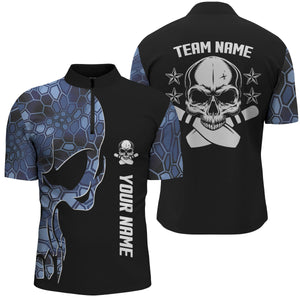 Blue camo black Bowling Quarter Zip shirts for men custom team name Skull Bowling, team bowling shirts NQS5059