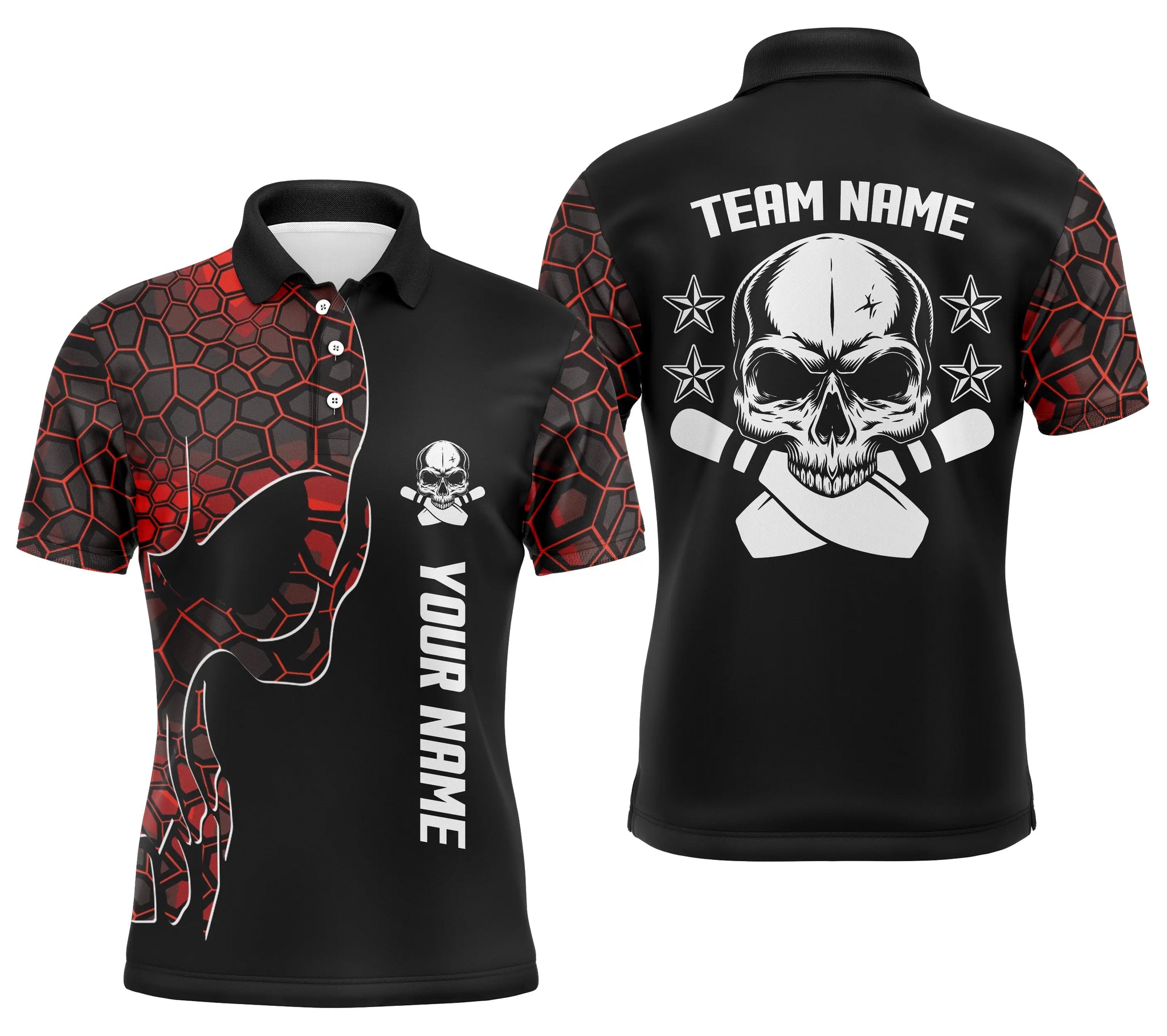 Red camo black Bowling polo shirts for men custom team name Skull Bowling, team bowling shirts NQS5060