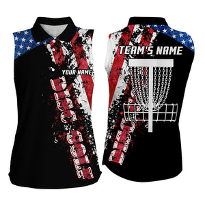 American flag patriotic Womens sleeveless polo shirt custom team disc golf basket shirts | Black NQS5569