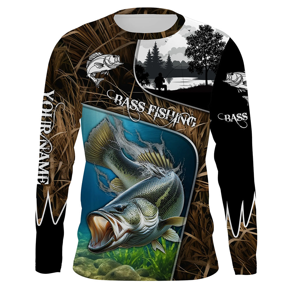 Largemouth Bass Fishing UV protection Customize name long sleeves fishing shirts for men, women, kid NQS753