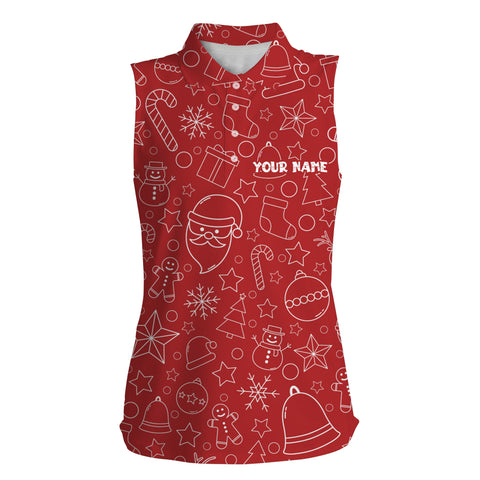 Womens sleeveless polo shirt custom name beautiful red Xmas pattern, Christmas gifts for golf lovers NQS4437