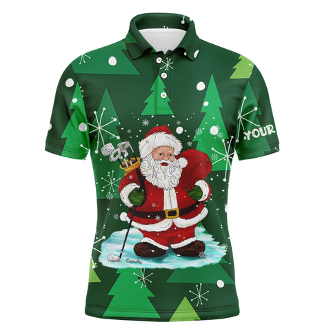 Mens golf polo shirts custom name Santa golf Christmas tree winter forest pattern, Christmas golf gift NQS4438