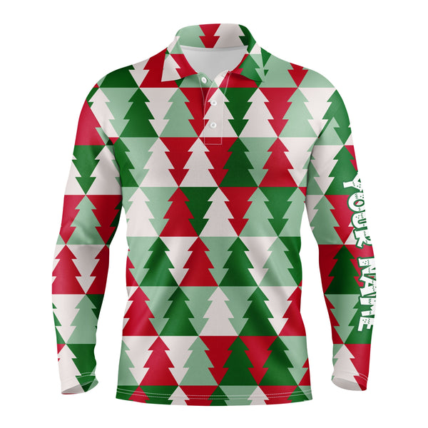 Mens golf polo shirts custom name Christmas tree pattern, Christmas golf gift for men NQS4439