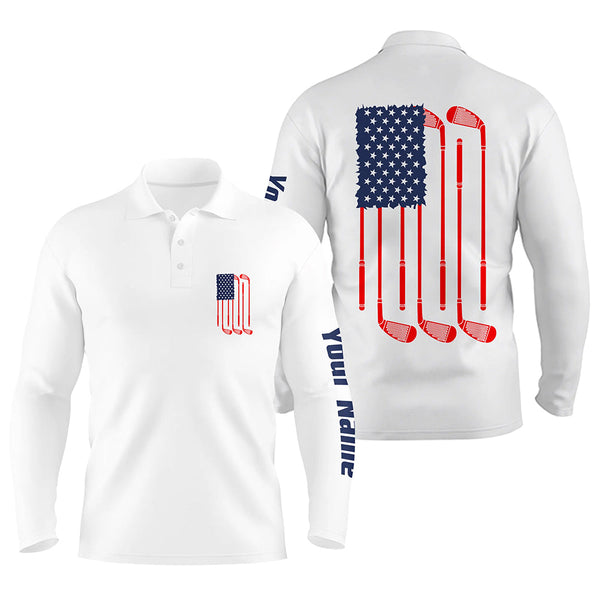 Mens golf polo shirts American flag golf clubs custom patriotic white mens golf shirt, golf gifts NQS5840