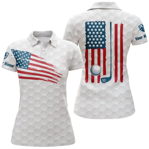 Womens golf polo shirt American flag patriotic golf shirts custom name golf gifts for women | White NQS4002