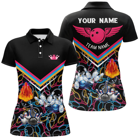 Personalized 3D bowling shirts for women, Custom black Short Sleeve Polo Bowling Shirts for Girls NQS5385