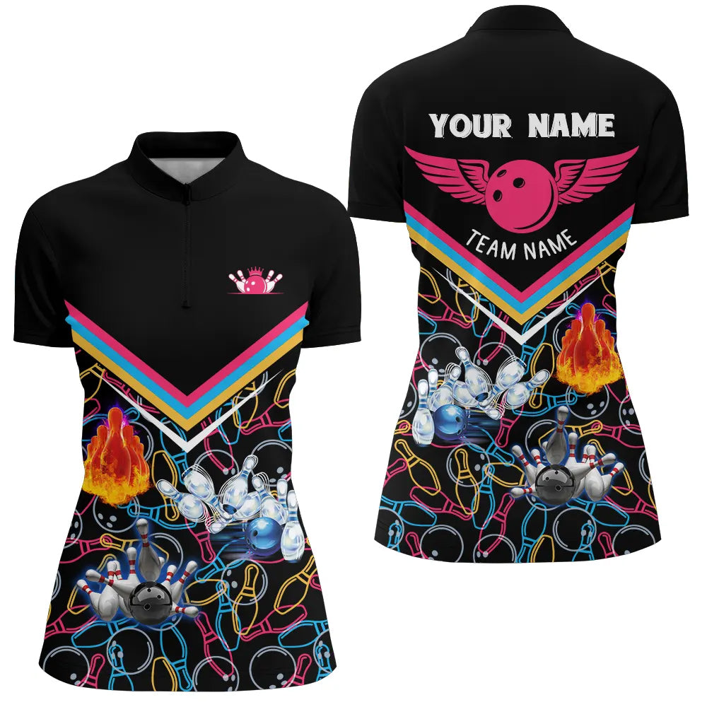 Personalized 3D bowling shirts for women, Custom black pattern Quarter Zip Bowling Shirts for Girls NQS5385