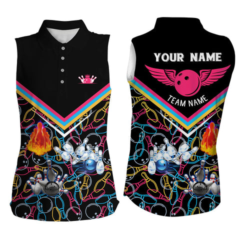 Personalized 3D bowling shirts for women, Custom black pattern sleeveless polo Bowling Shirts for Girl NQS5385