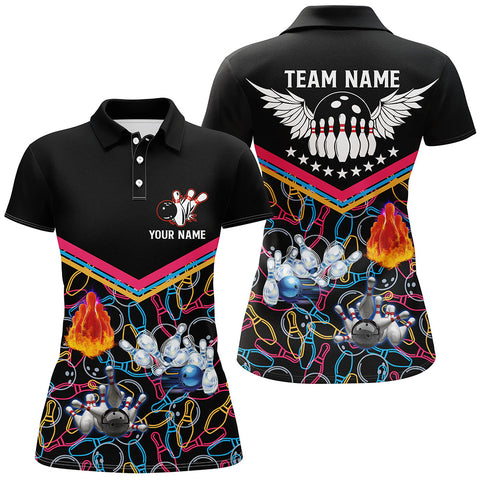 Multicolor pattern black bowling polo shirts for women, custom team bowling jerseys for ladies bowlers NQS5386