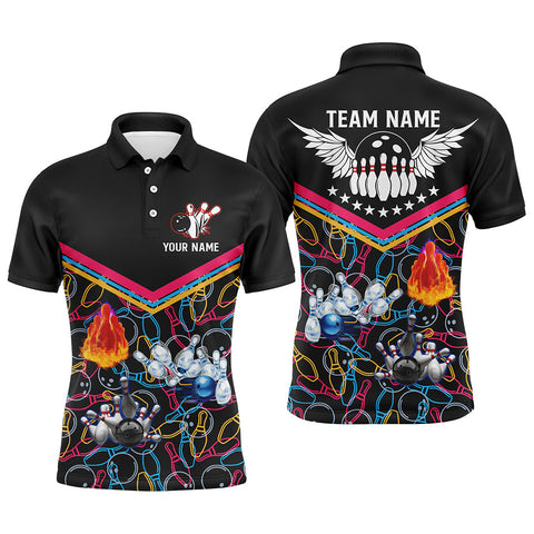 Multicolor pattern black bowling polo shirts for men, custom team bowling jerseys for men bowlers NQS5386