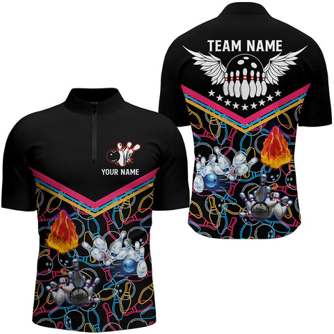 Multicolor pattern black bowling Quarter Zip shirts for men, custom team bowling jerseys for bowlers NQS5386