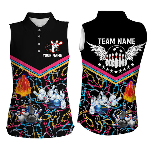 Multicolor pattern black bowling sleeveless polo shirts for women, custom team bowling jerseys NQS5386