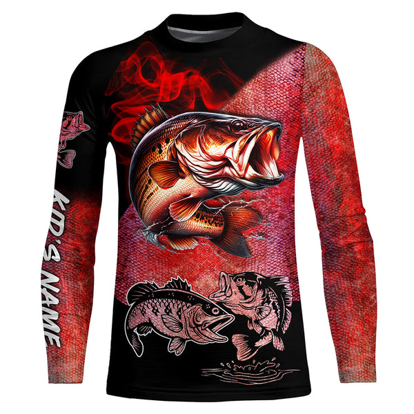 Bass Fishing UV protection customize name long sleeves fishing shirt | Red NQS661