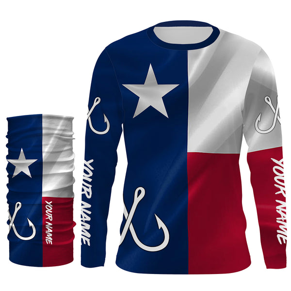 TX Fishing 3D Fish Hook Texas Flag UV protection custom long sleeves shirts UPF 30+ personalized fishing apparel gifts NQS2284