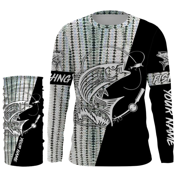 Striped bass fishing tattoo scales Custome Name striper black Fishing Jerseys Performance UV Protection UPF 30+ fishing Shirts - NQS2443