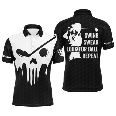 Swing swear look for ball repeat custom name black and white golf skull mens golf polo shirt NQS3889
