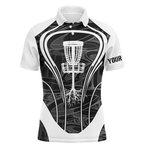 Black and white Mens disc golf polo shirt custom name disc golf basket, disc golfer gift ideas NQS4487