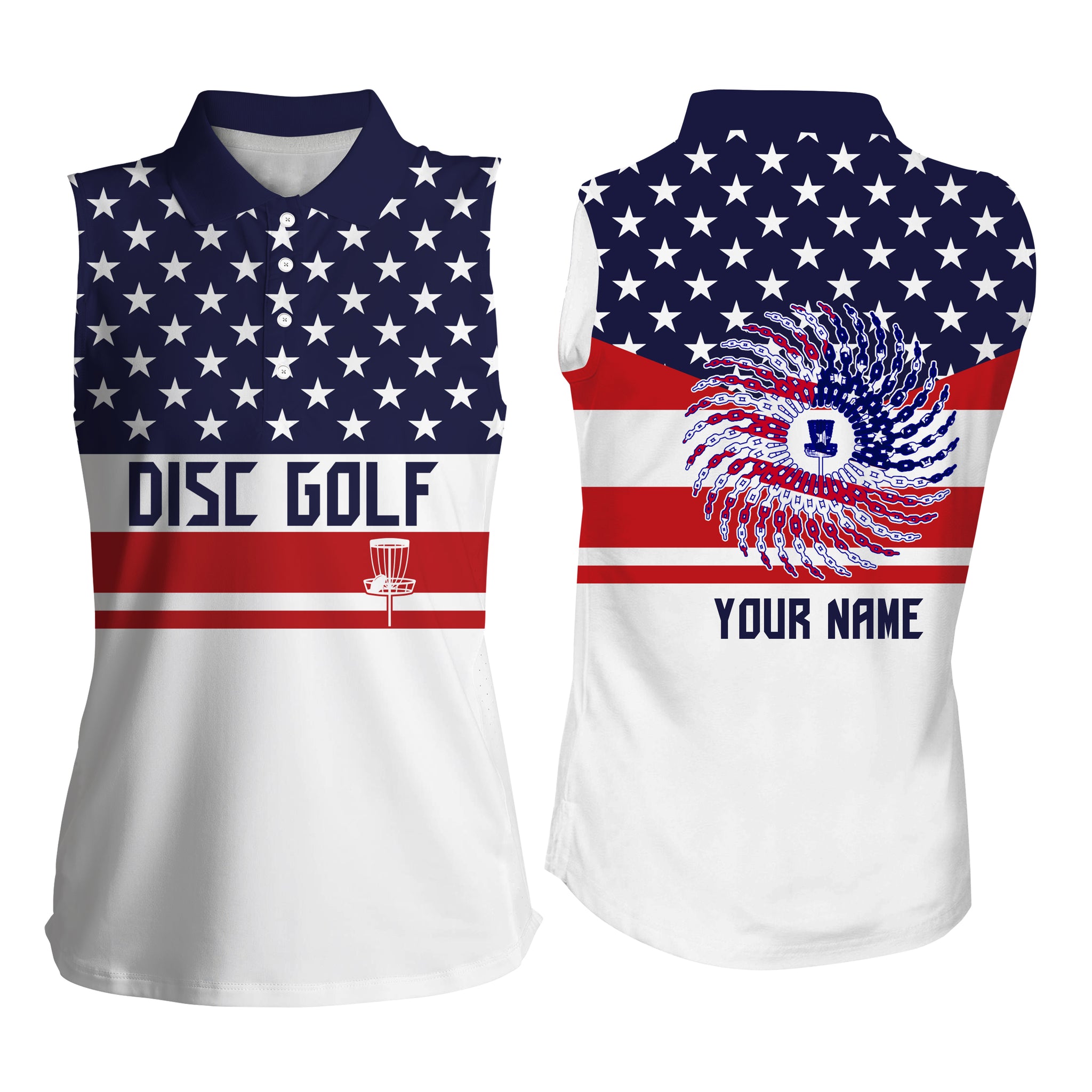 American flag patriot custom name Womens disc golf sleeveless polo shirt, gifts for disc golf lovers NQS4490