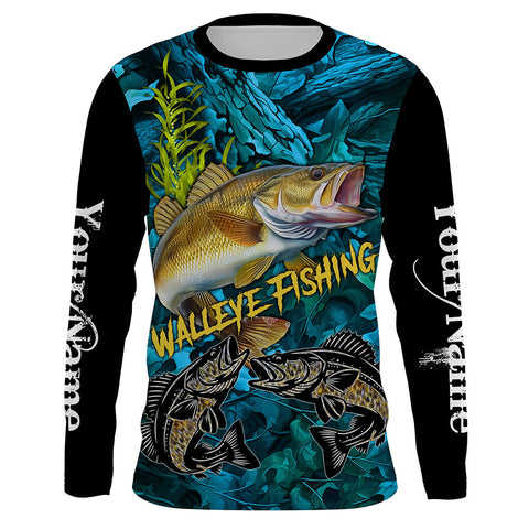 Blue camo walleye fishing custom UV protection long sleeve fishing shirts, walleye tournament jerseys NQS5144