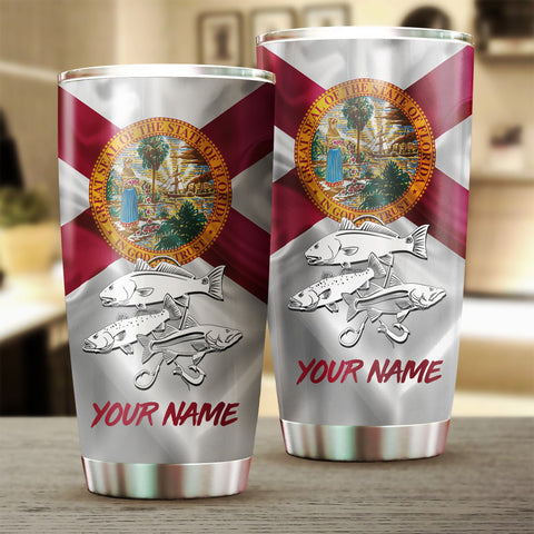 1PC Inshore Slam Snook, Redfish,Trout fishing Florida State Flag Custom name Stainless Steel Tumbler Cup Personalized Fishing gift NQS781