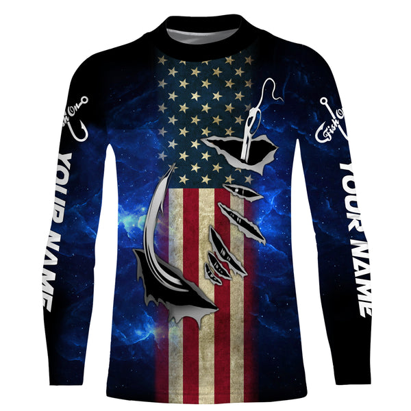 American flag fish hook blue galaxy fishing Custom Name UV Protection performance fishing Shirts NQS3024