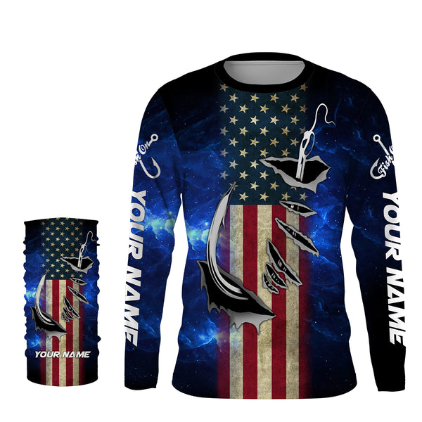American flag fish hook blue galaxy fishing Custom Name UV Protection performance fishing Shirts NQS3024