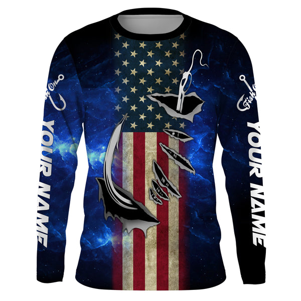American flag fish hook blue galaxy fishing Custom Name UV Protection performance fishing Shirts NQS3024