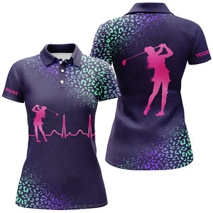 Womens golf polo shirt custom name golf heartbeat purple gradient leopard pattern NQS4495