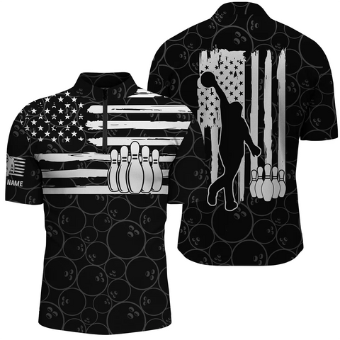 American flag patriotic black bowling pattern custom bowling Quarter Zip for men, team bowling jerseys NQS4700