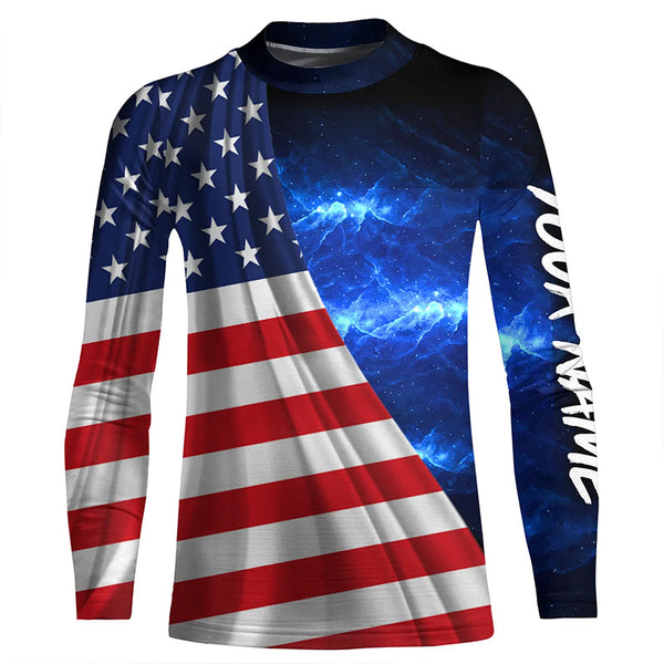 American Flag Universe patriotic Custom name blue galaxy UV protection long sleeve Shirts NQS5409