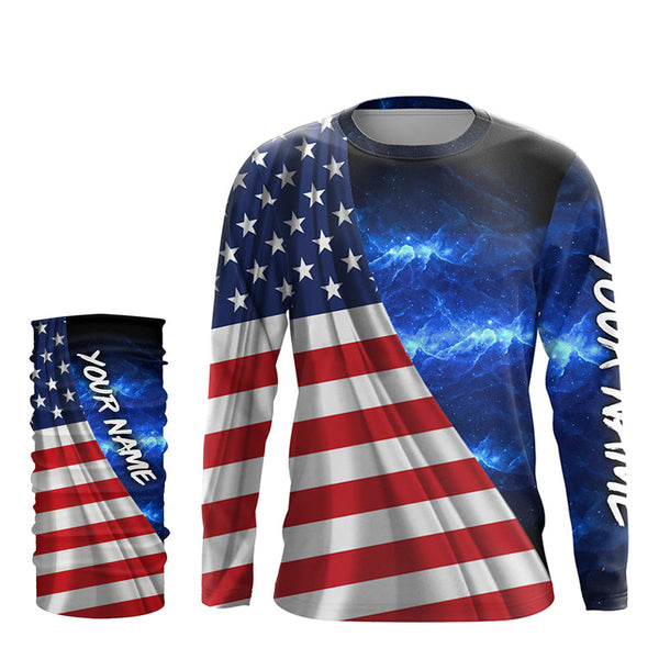 American Flag Universe patriotic Custom name blue galaxy UV protection long sleeve Shirts NQS5409