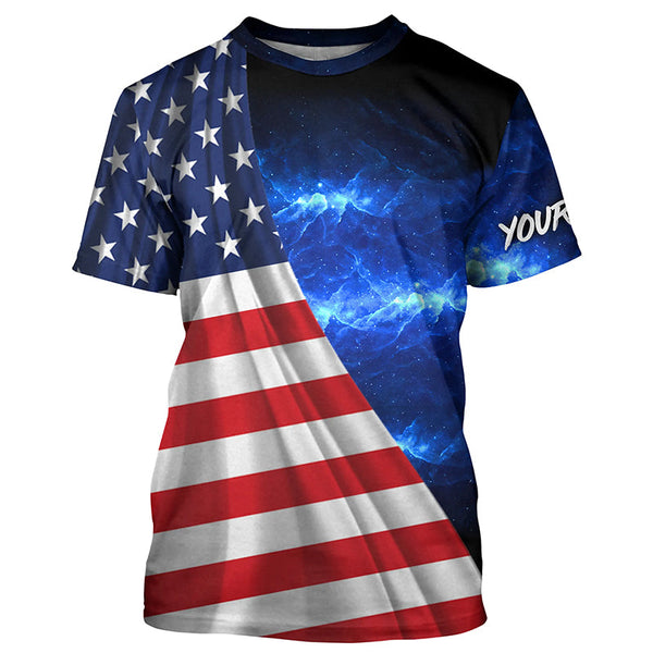 American Flag Universe patriotic Custom name blue galaxy UV protection long sleeve Shirts NQS5409