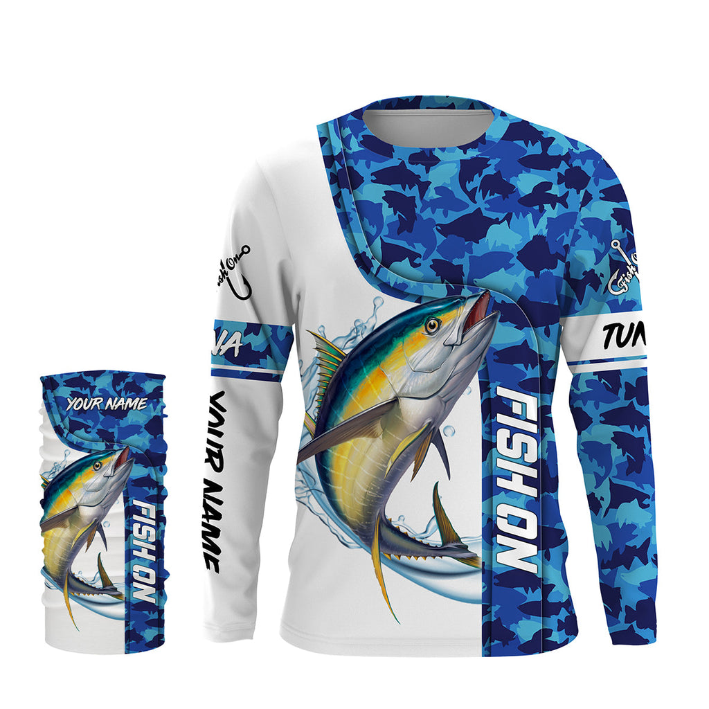 Tuna Fishing Blue Sea Camo Saltwater Custom Name Performance Long Sleeve Fishing Shirt UV Protection NQS3706, Long Sleeves UPF / M