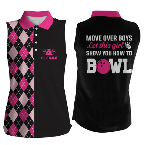 Bowling Sleeveless polo shirt for women Custom Move over boys let this girl show you how to bowl| Pink NQS4869