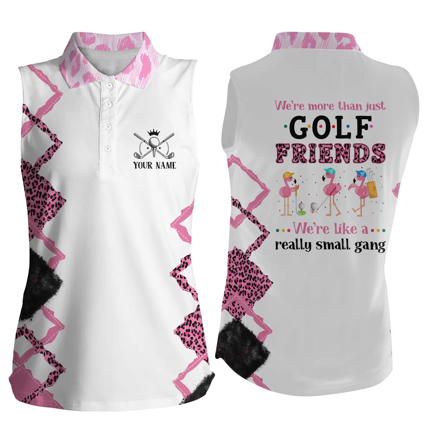 Womens sleeveless polo shirts we're more than golf friends flamingo custom pink leopard golf shirt NQS4870