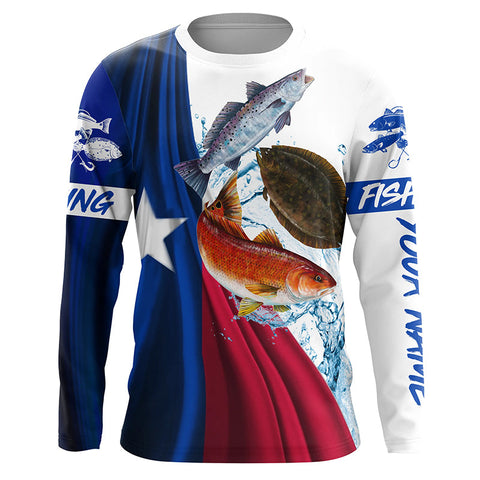 Texas slam flag patriotic redfish, trout, flounder fishing Custom Name 3D UV Protection Fishing Shirts NQS5172