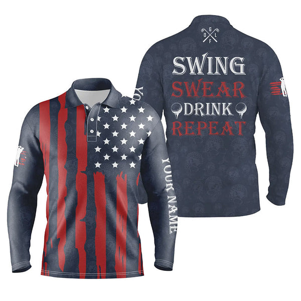 Mens golf polo shirts custom American flag patriotic golf shirt swing swear drink repeat | Navy NQS5680