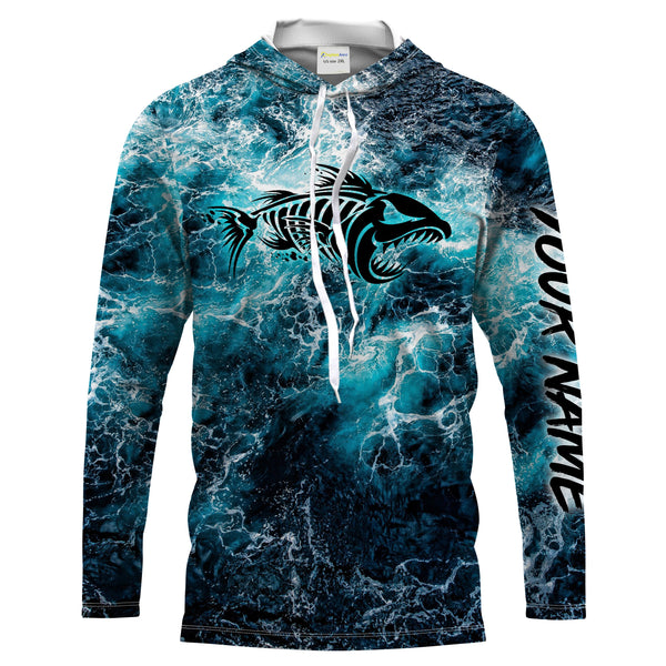 Custom blue ocean fish bone Saltwater Long sleeve Fishing Shirts UV Protection, Sea wave camo Fishing Shirts - NQS2068