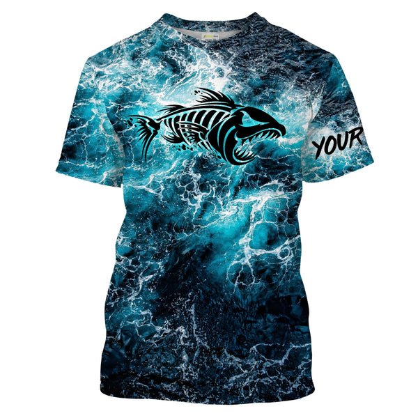 Custom blue ocean fish bone Saltwater Long sleeve Fishing Shirts UV Protection, Sea wave camo Fishing Shirts - NQS2068