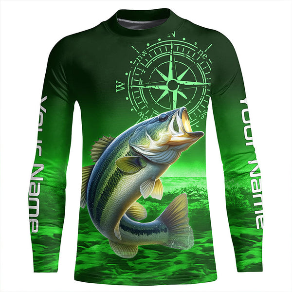 Personalized Bass Green Long Sleeve Performance Fishing Shirts, Bass compass tournament Shirts NQS5881