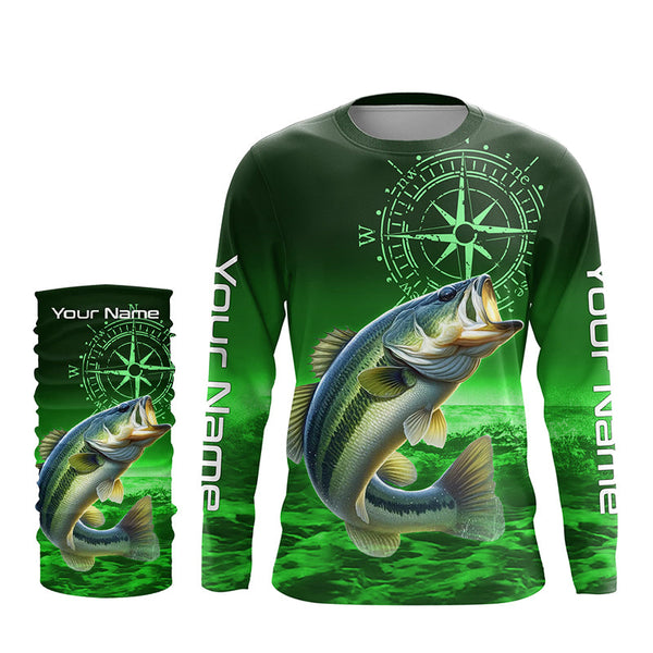 Personalized Bass Green Long Sleeve Performance Fishing Shirts, Bass compass tournament Shirts NQS5881