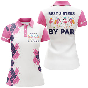 White Womens golf polo shirt best sister by par custom name funny flamingo golf shirt | Pink NQS5886