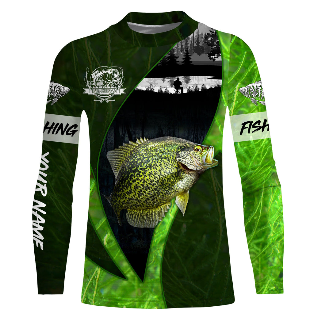 Crappie Fishing Green Shirt Custom Name UV Long Sleeve Fishing Shirts, Fishing Gifts for Men, Women NQS3721, Kid Long Sleeves UPF / L