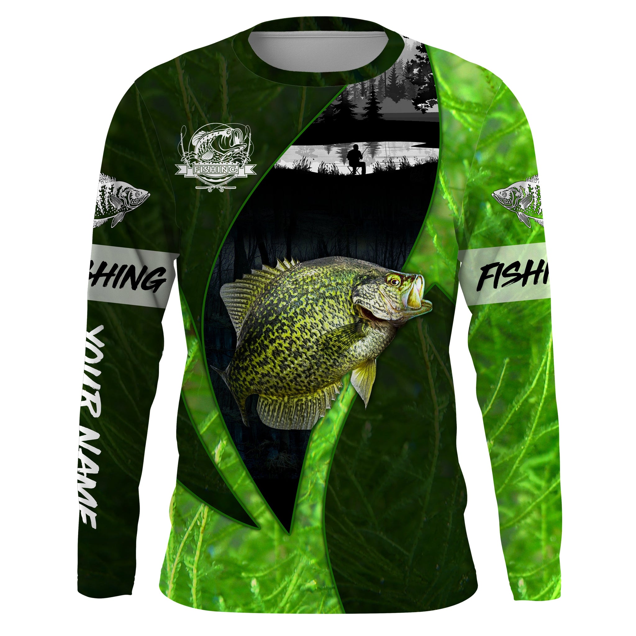 Crappie Fishing Green Shirt Custom Name UV Long Sleeve Fishing Shirts, Fishing Gifts for Men, Women NQS3721, Kid Long Sleeves UPF / L